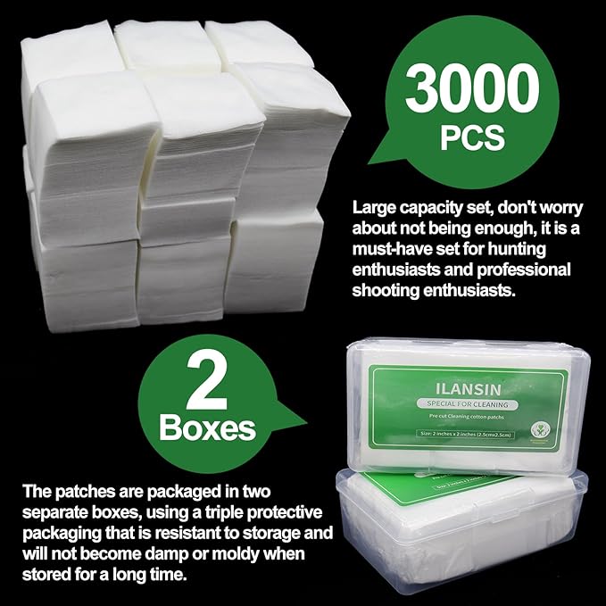 ILANSIN 3000/1500PCS Gun Cleaning Patches+CLP Oil,2"x2" Lint Free Gun Cleaning Cloth,Professional Wipes for Shot Pistol/All Caliber of Firearms.Store in Box Can Store Gun Cleaning Kit,Choose Your Set