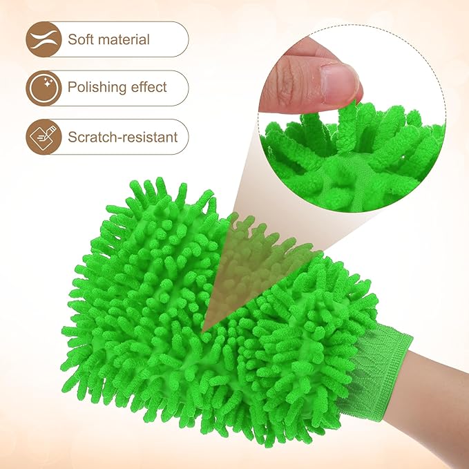 HARFINGTON 2pcs Chenille Microfiber Car Wash Mitts 9.8" x 7.9" Scratch Free Wash Gloves Absorbent Double Sided Plush Cleaning Drying Mitts for Car Washing Home Green