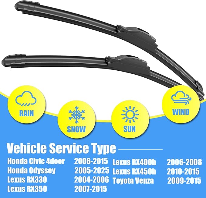 Gavimnal® 26"+22" Silicone Wiper Blades Replacement For Toyota Venza 2009-2015 Honda Civic 4door 2006-2015 Odyssey 2005-2025 Lexus RX350 2007-2015,All-Season Front Windshield Wiper Blades(Set of 2)