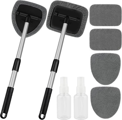 Windshield Cleaner Tool, Car Interior Window Cleaning Tool, Car Wash kit with 4 Reusable Microfiber Pads, 2 Extendable Handle and 2 Spray Bottles, Glass Wiper Kit for Windshield, Home Windows