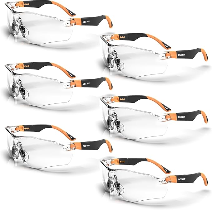 DEX FIT Safety Glasses SG210; 6 Pairs, Z87, Anti-Fog & Scratch Resistant, Adjustable for Women and Men, UV Protection (Black & Orange Frame, Clear Lens)