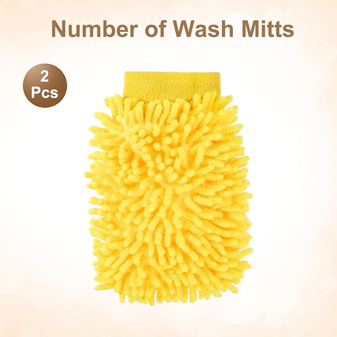 HARFINGTON 2pcs Chenille Microfiber Car Wash Mitts 9.8" x 7.9" Scratch Free Wash Gloves Absorbent Double Sided Plush Cleaning Drying Mitts for Car Washing Home Yellow