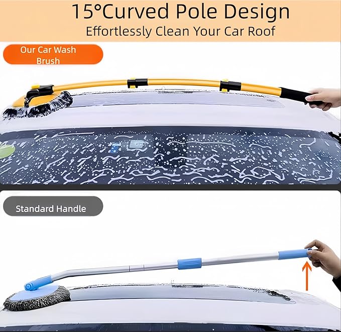 Car Wash Brush with Long Handle, 15°Curved Car Cleaning Brush with Extension Pole Scratch Free, Microfiber Exterior Cleaning Mop Mitt for Washing Roof Truck Camper SUV