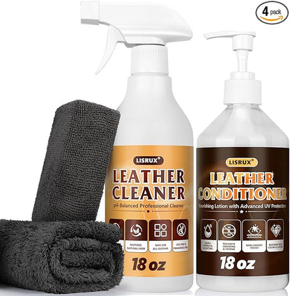 Leather Cleaner and Conditioner Kit-2×18oz Leather Care For Car Seats, Furniture, Couches, Shoes & Boots, Restores & Protects All Leather For Natural, Synthetic, Faux, Pleather, pH-Balanced