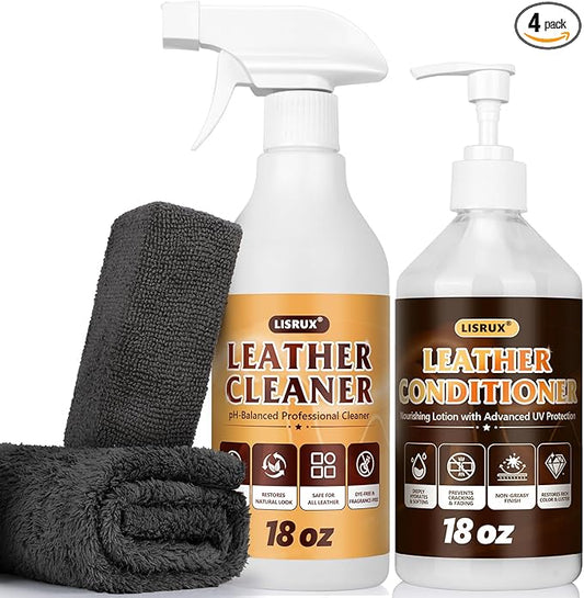 Leather Cleaner and Conditioner Kit-2×18oz Leather Care For Car Seats, Furniture, Couches, Shoes & Boots, Restores & Protects All Leather For Natural, Synthetic, Faux, Pleather, pH-Balanced