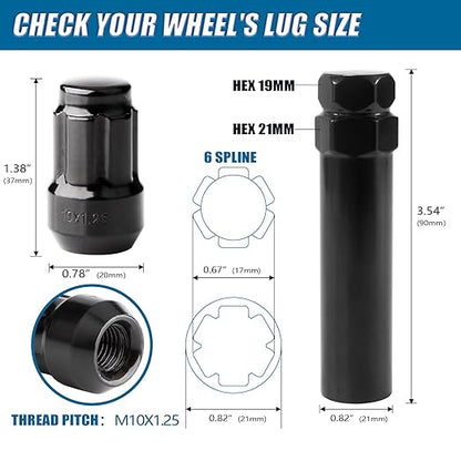 JiiinMiiin 16PCS M10x1.25 ATV Lug Nuts, Closed End 6 Spline 10x1.25 Lugnuts, 60 Degree Cone/Acorn Seat with 1 Socket Key, Black