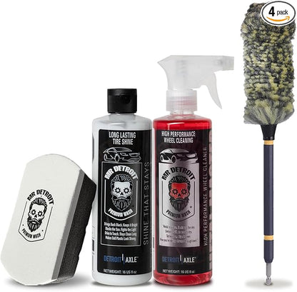 Mr. Detroit - 4pc Wheel & Tire Care Kit Powerful Wheel Cleaner, High-Gloss Tire Shine, Drill Wheel Brush with Soft Wool Microfiber Bristles, Hex Logic Applicator Pad (CL-4DHP062)