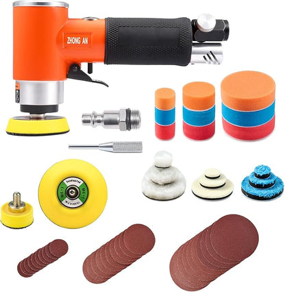 ZHONG AN 1/2/3 in Mini Orbital Sander Pneumatic da sander Polisher Smooth and Swirl Freely for Auto Body Work Wood working with 18Pcs 1/2/3in Polishing Sponge & Wool Pads, 30Pcs Sandpapers(Orange)