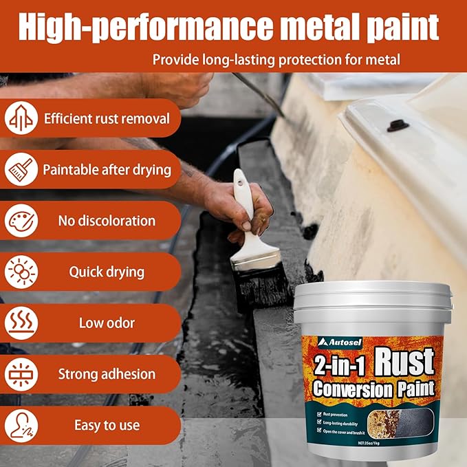 Autosel 2-in-1 Rust Converter & Metal Primer, 35 oz Rust Remover & Inhibitor Paint for Metal, Stops Rust & Corrosion, Heat & UV Resistant Automotive Rust Reformer for Car, Truck Frame, Trailer – Black