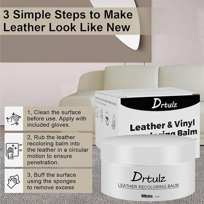 drtulz Leather Recoloring Balm, Leather Color Restorer Conditioner, Leather Restorer for Couches Paint, Leather Scratch Remover, Scratch Leather Faded Repair Kits for Vinyl Furniture (White, 75ML)