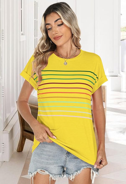 Womens Summer Tops Short Dolman Sleeve Crew Neck Striped Shirts Spring 2026 Fashion Beach Vacation Clothing