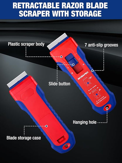 WORKPRO Retractable Razor Blade Scraper with 56 Blades, Built-in Storage Cleaning Scraper Tool for Paint Stickers Adhesive Glass Ceramic Wood