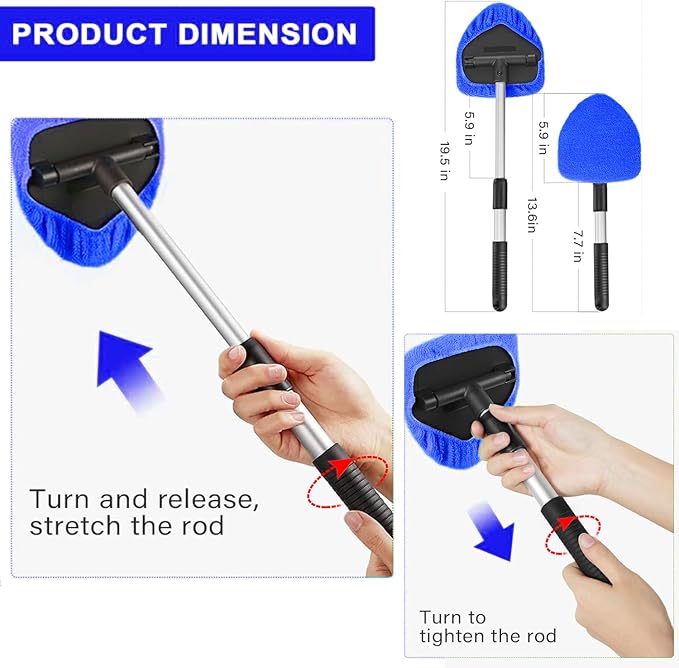Windshield Cleaner, Car Windshield Cleaning Tool with 3 Reusable and Washable Microfiber Pads and Extendable Handle Microfiber Car Window Cleaner