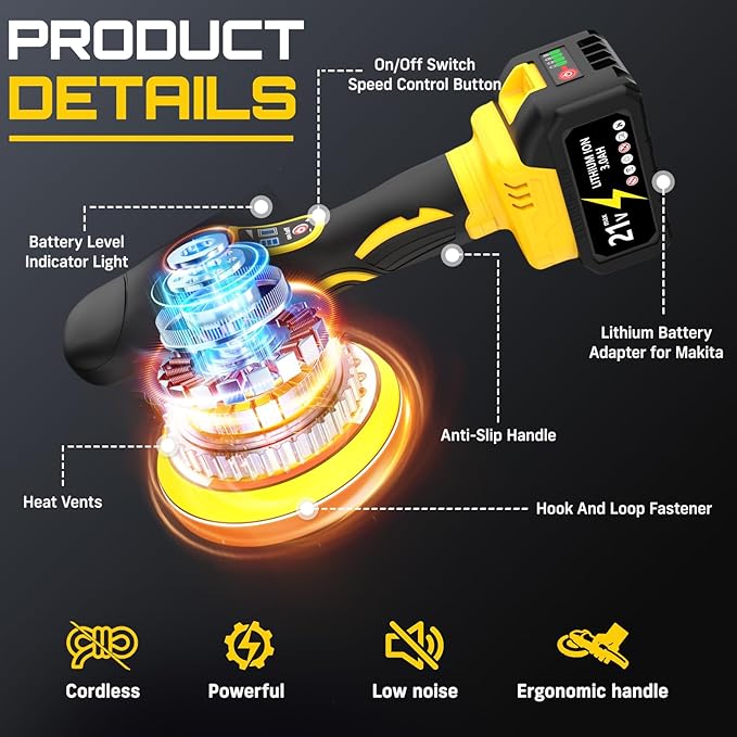 Cordless Car Buffer Polisher, 6 Inch DA Orbital Polisher kit with 2x 3.0Ah 21V Batteries, 5500 Max OPM & 8 Variable Speeds for Car Detailing, Waxing, Polishing, Scratch Removal, with 25PCS Attachments