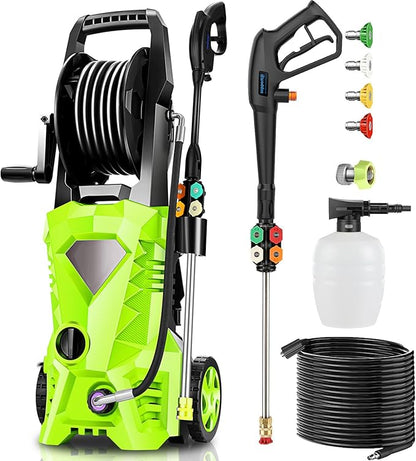 Pressure Cleaner High Power Cleaner with 4 Pressure Nozzle and Foam Cannon, powerCleaners for Home, Car Washing, Fence Cleaning, Patio, Green