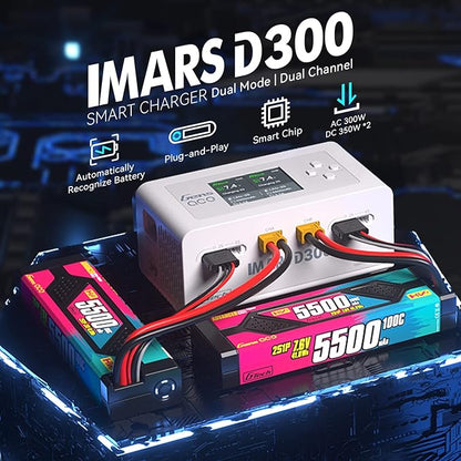 Gens Ace Lipo Battery Charger IMARS D300 G-Tech Series Smart Dual Lipo Charger 16A AC 300W DC 700W Lipo Charge（White）