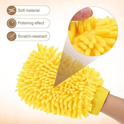 HARFINGTON Chenille Microfiber Car Wash Mitts 9.8" x 7.9" Scratch Free Wash Gloves Absorbent Double Sided Plush Cleaning Drying Mitts for Car Washing Home Yellow