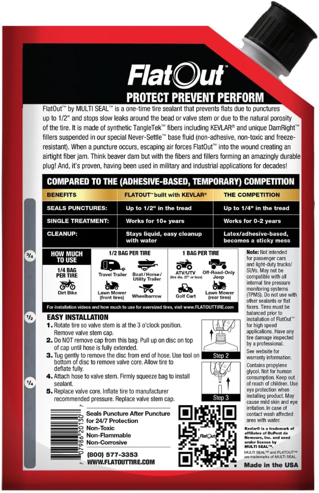 FlatOut Off Road Tire Sealant, Outdoor Power Equipment Formula, Prevents Flat Tires, Fix a Flat Tire, Seals Leaks, Contains Kevlar, 32 Ounce Bag, 2-Pack