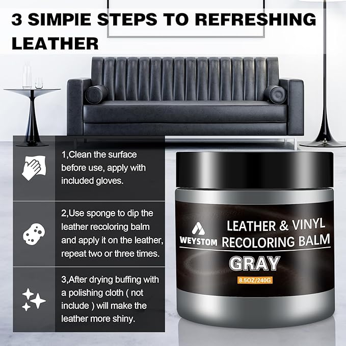 WEYSTOM Leather Recoloring Balm & Repair Kit for Furniture - Dye, Renew & Restore Aged, Faded, Cracked, Peeling, Scuffed Surfaces(Grey)