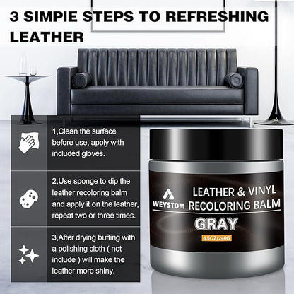 WEYSTOM Leather Recoloring Balm & Repair Kit for Furniture - Dye, Renew & Restore Aged, Faded, Cracked, Peeling, Scuffed Surfaces(Grey)