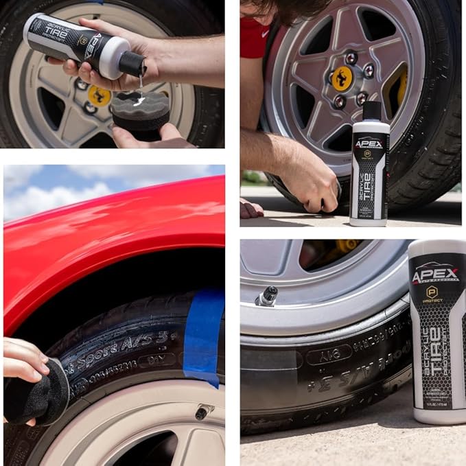 Apex Acrylic Tire Shine and Tire Shine Applicator - 16 oz Semi-Permanent - 6+ Months Durability - Easy to Apply - Fast Drying Car Tire Shine - No Sling - Glossy - Extreme Tire Dressing - Made in USA