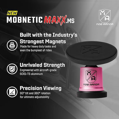 Mob Armor MobNetic Maxx MS - MagSafe Compatible Car Phone Mount w/ 90º Tilt, 360º Rotation & Durable Aluminum Build, Magnetic Holder for iPhone & Android Devices, USA Assembled - Pink