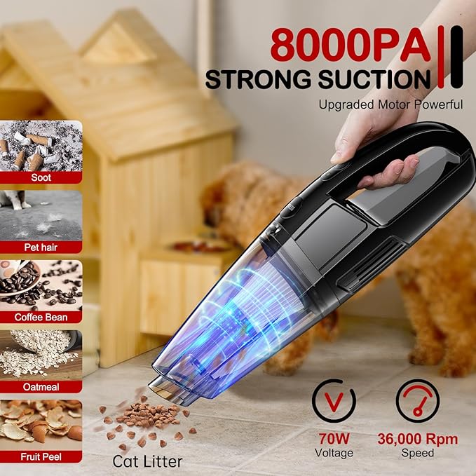 BSRCO Handheld Vacuum Cordless, Rechargeable 8000PA, Car Vacuum Portable Cordless, Hand Vacuum Rechargeable, 3 in 1, Lightweight, Hand Held Vacuum Cleaner for Car Home Office, Pet Hair