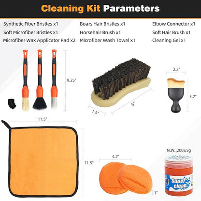 9PCS Car Detailing Brush Set, Bristle Horse Hair Boars Hair Brush with Elbow Adapter, Microfiber Wax Applicator Pads, Drying Towel and Cleaning Gel, Cleaning Kit for Car Interior and Exterior