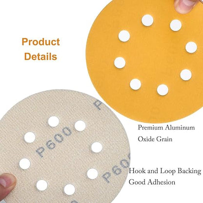 Aiyard 5-Inch 8-Hole Hook and Loop Sanding Discs 600-Grit Random Orbit Sandpaper, 100-Pack