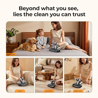 JIGOO Cordless Mattress Vacuum Cleaner with UV-C Light, Bed Vacuum Cleaner with Dust Sensor, Ultrasonic and High Heating, Deep Cleaning Bed Vacuum for Sofa Bed Fabric Surface (S100 Cordless)