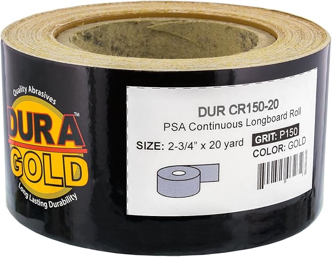 Dura-Gold Premium Gold 150 Grit PSA Longboard Sandpaper, 20 Yard Roll, 2-3/4" Wide, Self Adhesive Stickyback, Woodworking & Automotive Sandpaper Roll, Air File Sand Paper, Auto Sanding Blocks