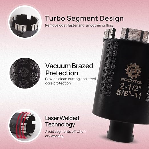 Diamond Core Drill Bit - FOCSTOL 2-1/2''(65mm) Laser Welded Hole Saw for Dry or Wet Drilling Granite Marble Concrete Quartz 5/8''-11 Thread