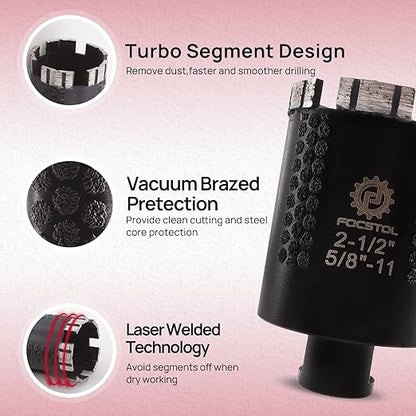 Diamond Core Drill Bit - FOCSTOL 2-1/2''(65mm) Laser Welded Hole Saw for Dry or Wet Drilling Granite Marble Concrete Quartz 5/8''-11 Thread