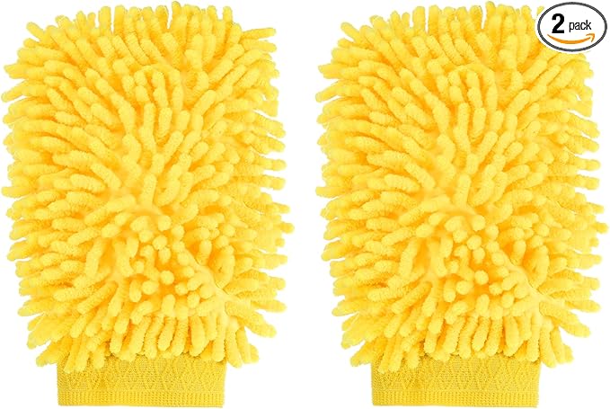 HARFINGTON 2pcs Chenille Microfiber Car Wash Mitts 9.8" x 7.9" Scratch Free Wash Gloves Absorbent Double Sided Plush Cleaning Drying Mitts for Car Washing Home Yellow