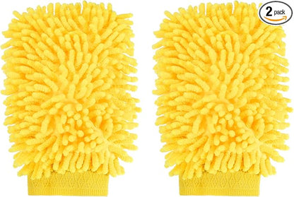 HARFINGTON 2pcs Chenille Microfiber Car Wash Mitts 9.8" x 7.9" Scratch Free Wash Gloves Absorbent Double Sided Plush Cleaning Drying Mitts for Car Washing Home Yellow