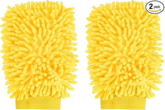 HARFINGTON 2pcs Chenille Microfiber Car Wash Mitts 9.8" x 7.9" Scratch Free Wash Gloves Absorbent Double Sided Plush Cleaning Drying Mitts for Car Washing Home Yellow