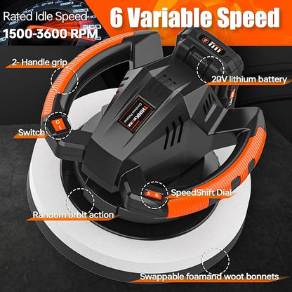 THINKWORK Buffer Polisher, 20V Cordless Buffer Polisher, 10 Inch Portable Polishing Machine Kit for Car, 2Pcs 2Ah Rechargeable Battery, 6 Variable Speed 1500-3600RPM,Double handle,Ideal for Car Waxing