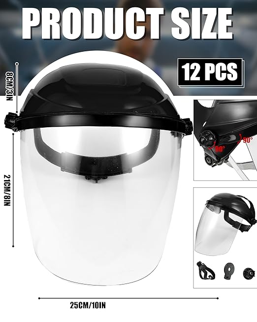 Tellegloww 12 Pack Safety Face Shield for Grinding and Cutting, Full Impact Resistant Face Shield Mask for Work Chemical Woodworking (Black)