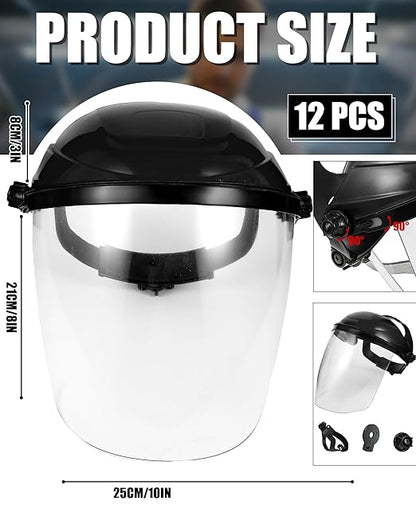 Tellegloww 12 Pack Safety Face Shield for Grinding and Cutting, Full Impact Resistant Face Shield Mask for Work Chemical Woodworking (Black)