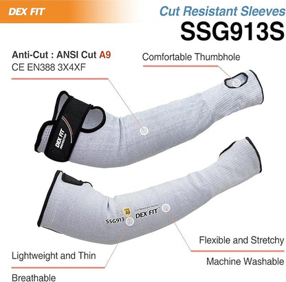 DEX FIT SSG913S ANSI A9 Cut Resistant Sleeves with Thumb Hole, Comfortable Arm Covers for Thin Skin and Bruising, Anti Slip Strap, Machine Washable; Blue XL 1 Pair