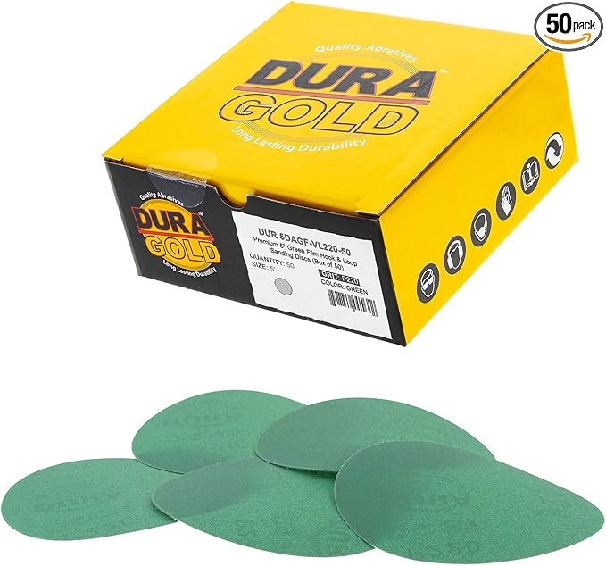 Dura-Gold Premium 5" Green Film Sanding Discs - 220 Grit (Box of 50) - Hook & Loop Backing Sandpaper Discs for DA Sanders, Finishing Medium Fine Cut Abrasive - Sand Automotive Paint, Woodworking Wood