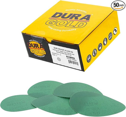 Dura-Gold Premium 5" Green Film Sanding Discs - 220 Grit (Box of 50) - Hook & Loop Backing Sandpaper Discs for DA Sanders, Finishing Medium Fine Cut Abrasive - Sand Automotive Paint, Woodworking Wood