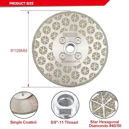 DT-DIATOOL Diamond Blade 5" x 5/8" Thread Flange - Single Side Electroplated Diamond Cutting and Grinding Disc for Granite Marble Natural Stone Tiles