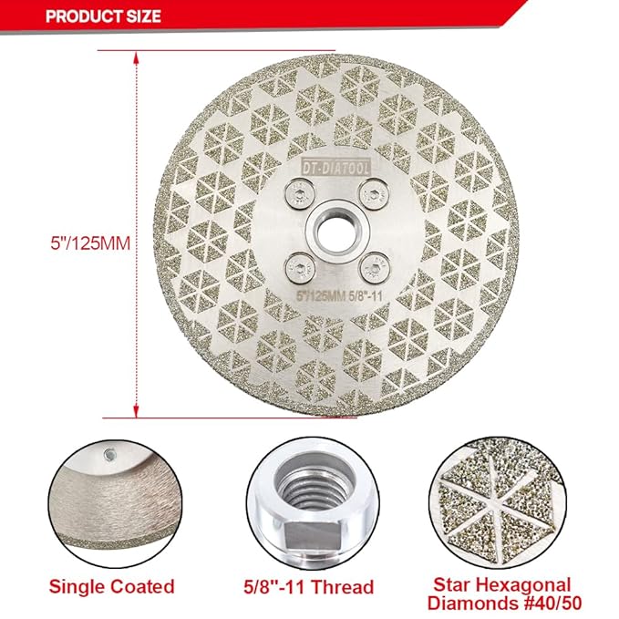 DT-DIATOOL Diamond Blade 5" x 5/8" Thread Flange 2-Pack - Single Side Electroplated Diamond Cutting and Grinding Disc for Granite Marble Natural Stone Tiles