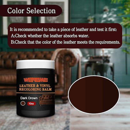 WERBME Leather Recoloring Balm & Color Restorer - 10OZ Multipurpose Dye & Paint for Faded Leather Couches, Car Seats, Shoes | Fix Scratches on Clothing, Furniture & Accessories(Dark Brown)