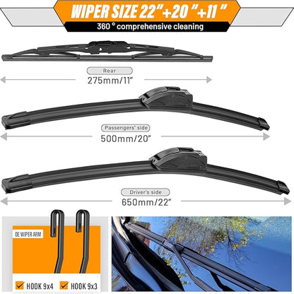 AUTOBOO 22"+20" Windshield Wipers with 11" Rear Wiper Blade Replacement for Jeep Compass 2007 2008 2009 2010 2011 2012 2013 2014 2015 -Original Factory Quality (Pack of 3)