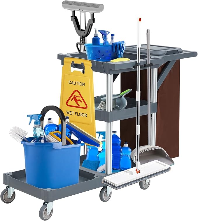 Commercial Janitorial Cart with Wheels, 3-Shelf Cleaning Trolley Cart with 16-Gallon Trash Bag, 220 Lbs Capacity Rolling Housekeeping Carts, Ideal for Hotel,School, Apartments