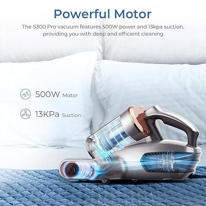 JIGOO S300 PRO Mattress Vacuum Cleaner with UV & Ultrasonic and High Heating,Anti-allergen Powerful Handheld Vacuum for Bed,Sofa
