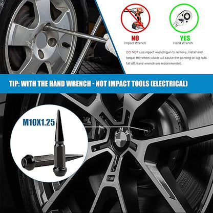 JiiinMiiin M10x1.25 Long Steel Spike Lug Nuts, Thread Pitch 10x1.25, Set of 16 ATV Wheel Nuts with A Socket. [Black]