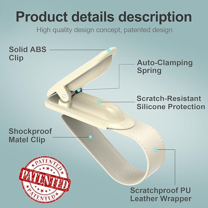 Veharvim Sunglass Holder for Car (One-Handed-Operation, Gentle & Secure Hold, Silicone Padded, Universal Fit, Metal Clip) Visor Sunglass Holder Clip,Visor Sunglass Holder Car (Beige, 2 Pack)